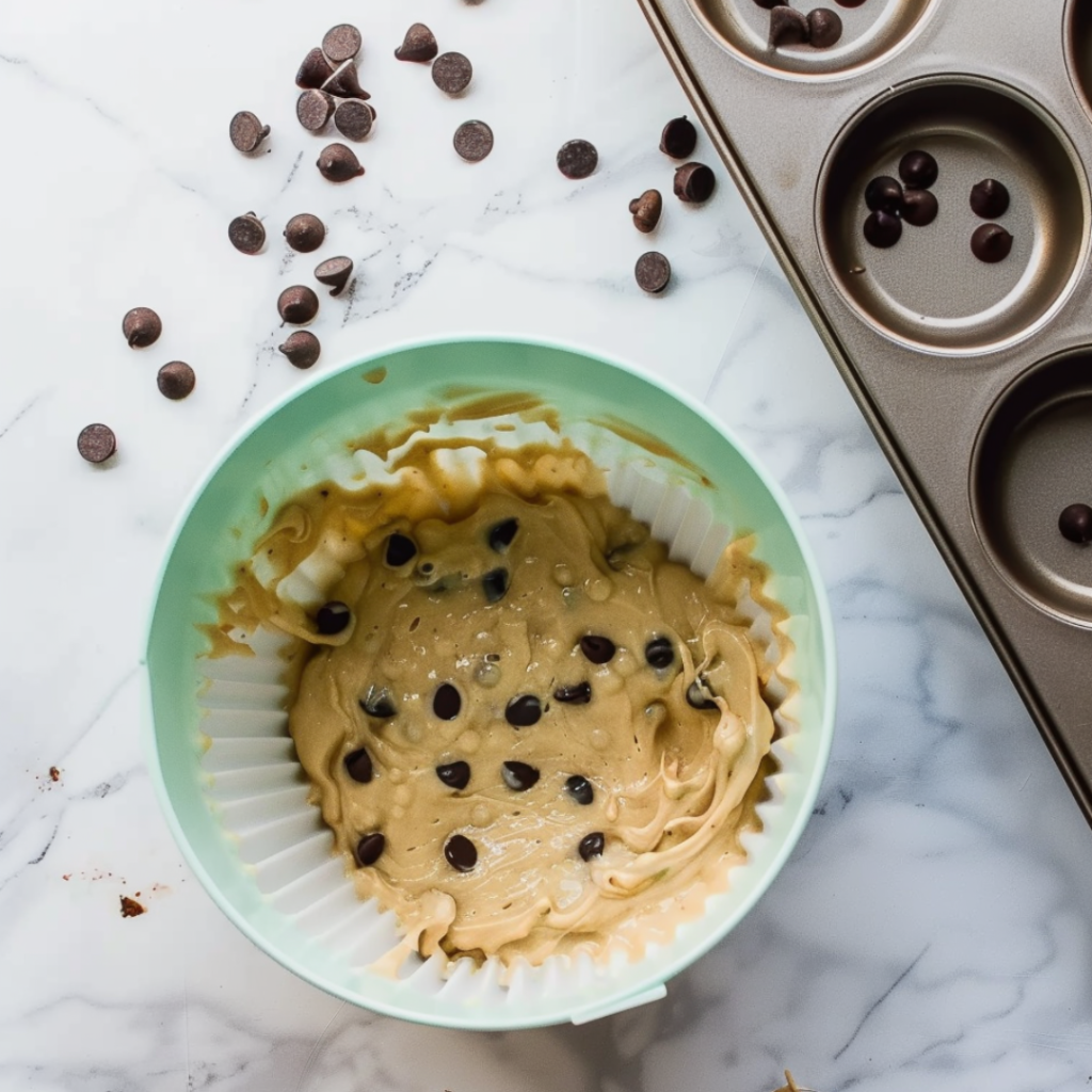 A bowl with chocolate chip muffin batter, surrounded by scattered chocolate chips and a muffin tray.