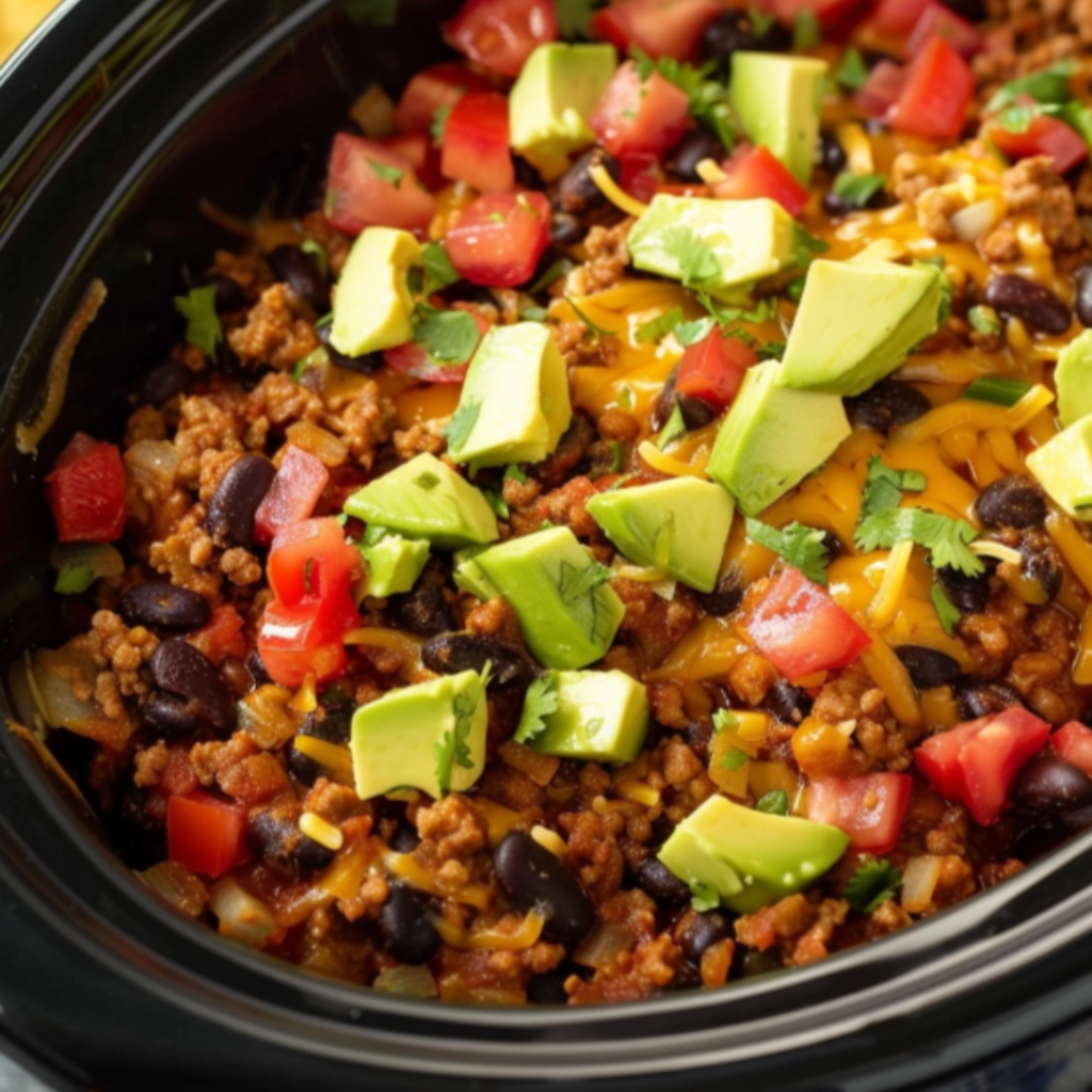 Crockpot taco casserole topped with diced tomatoes and avocado.