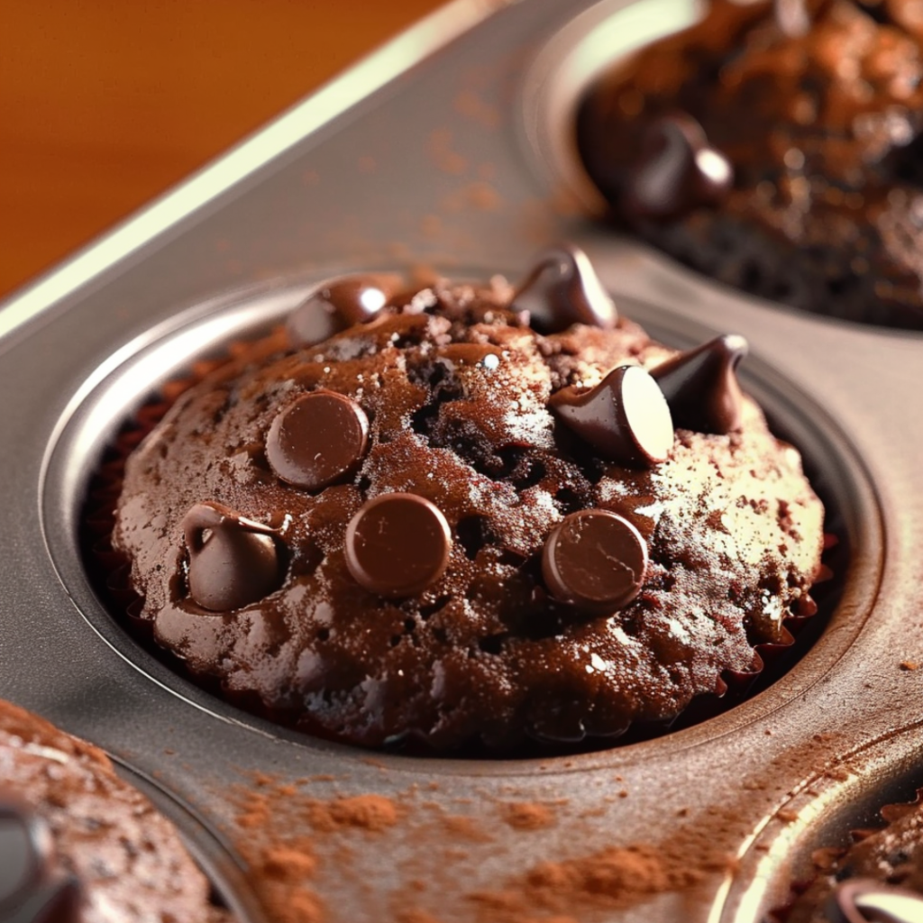 Freshly baked double chocolate chip muffin recipe, loaded with rich chocolate chips and a perfectly cracked top.