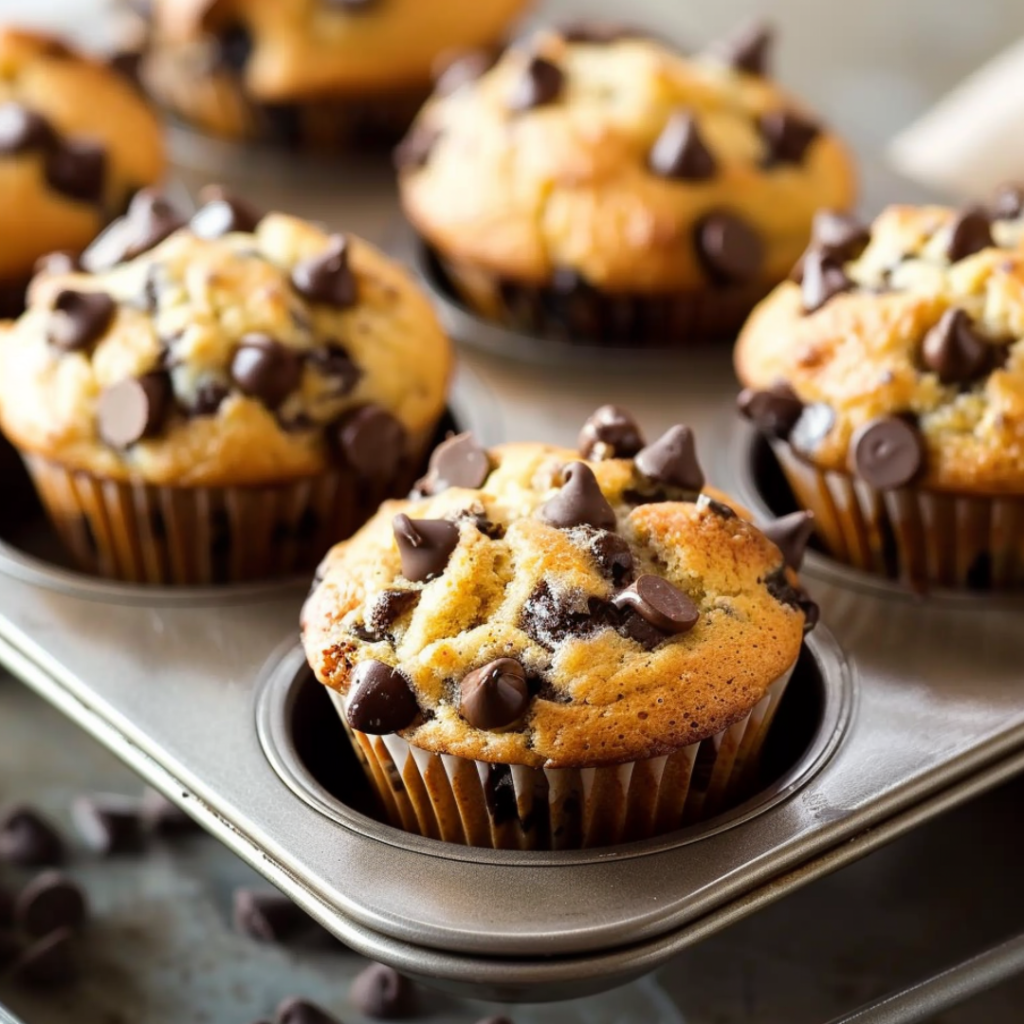 Freshly baked chocolate chip muffins in a muffin tin, golden brown with melted chocolate chips on top.