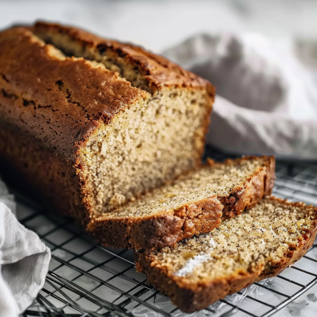 Sliced banana bread made using a banana bread recipe with two bananas, showing a moist crumb and golden-brown crust.