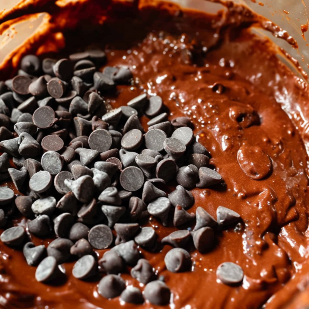 Thick and rich chocolate batter for a double chocolate chip muffin recipe, with a generous handful of chocolate chips ready to be mixed in.