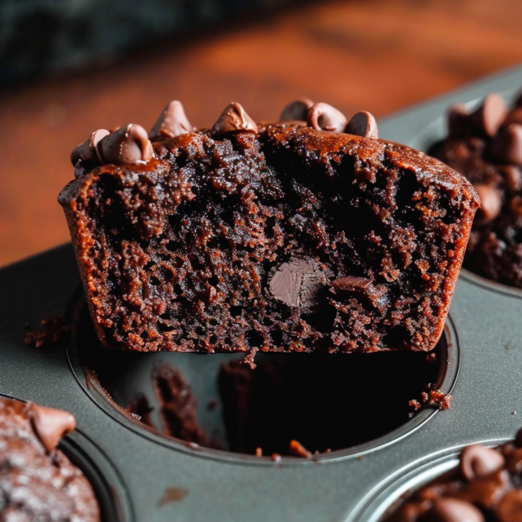 A moist and fluffy double chocolate chip muffin, sliced open to reveal melted chocolate inside.