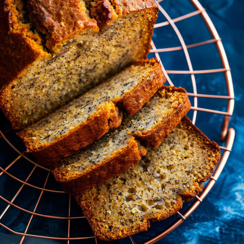 A freshly baked banana bread loaf sliced and displayed on a cooling rack, showcasing its moist texture and golden crust—part of an easy banana bread recipe no butter.