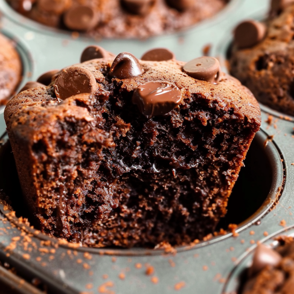 A freshly baked double chocolate chip muffin, with a bite revealing its rich, gooey chocolate center.