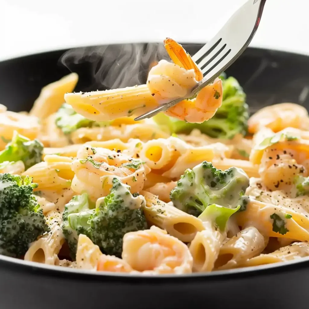 A fork lifting pasta and shrimp from a creamy shrimp and broccoli dish for shrimp and broccoli recipes Shrimp and Broccoli Recipe Pasta.